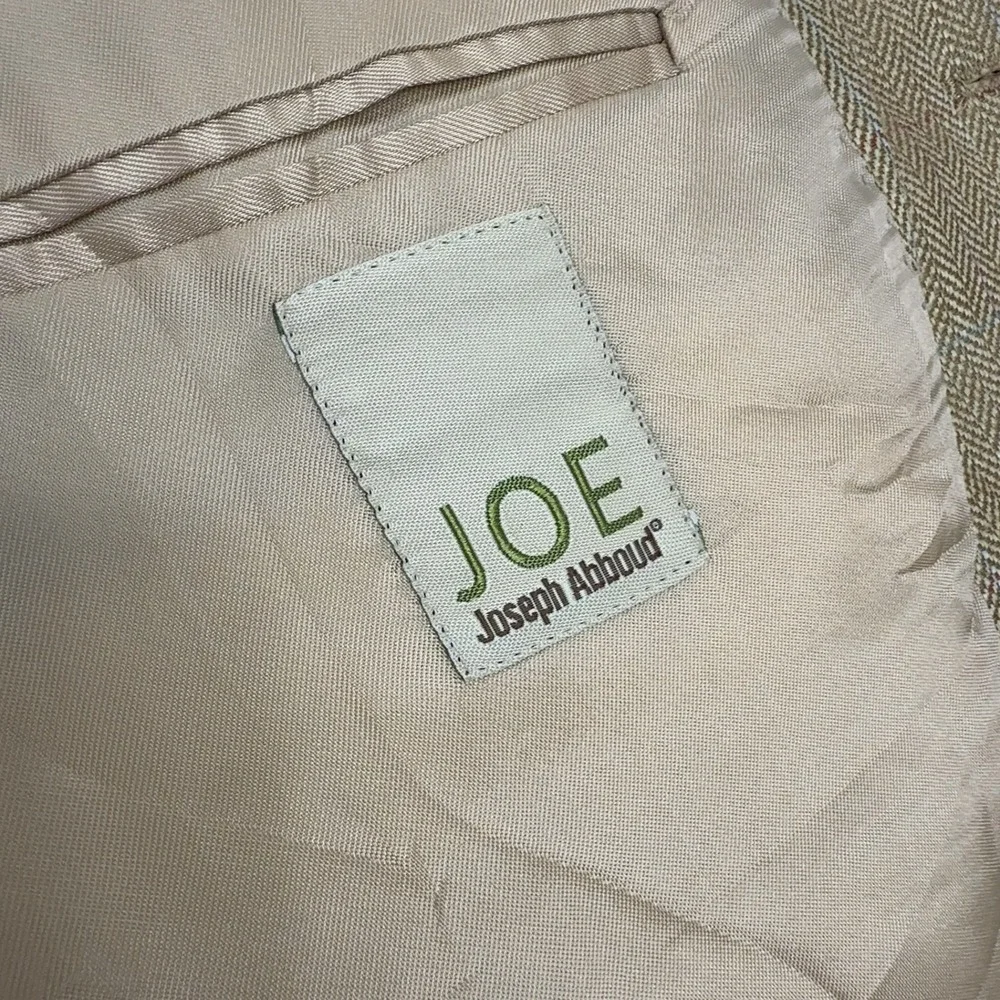 Joseph Abboud Blazer Mens 48R Tan Silk Wool Linen Herringbone Plaid Classic
